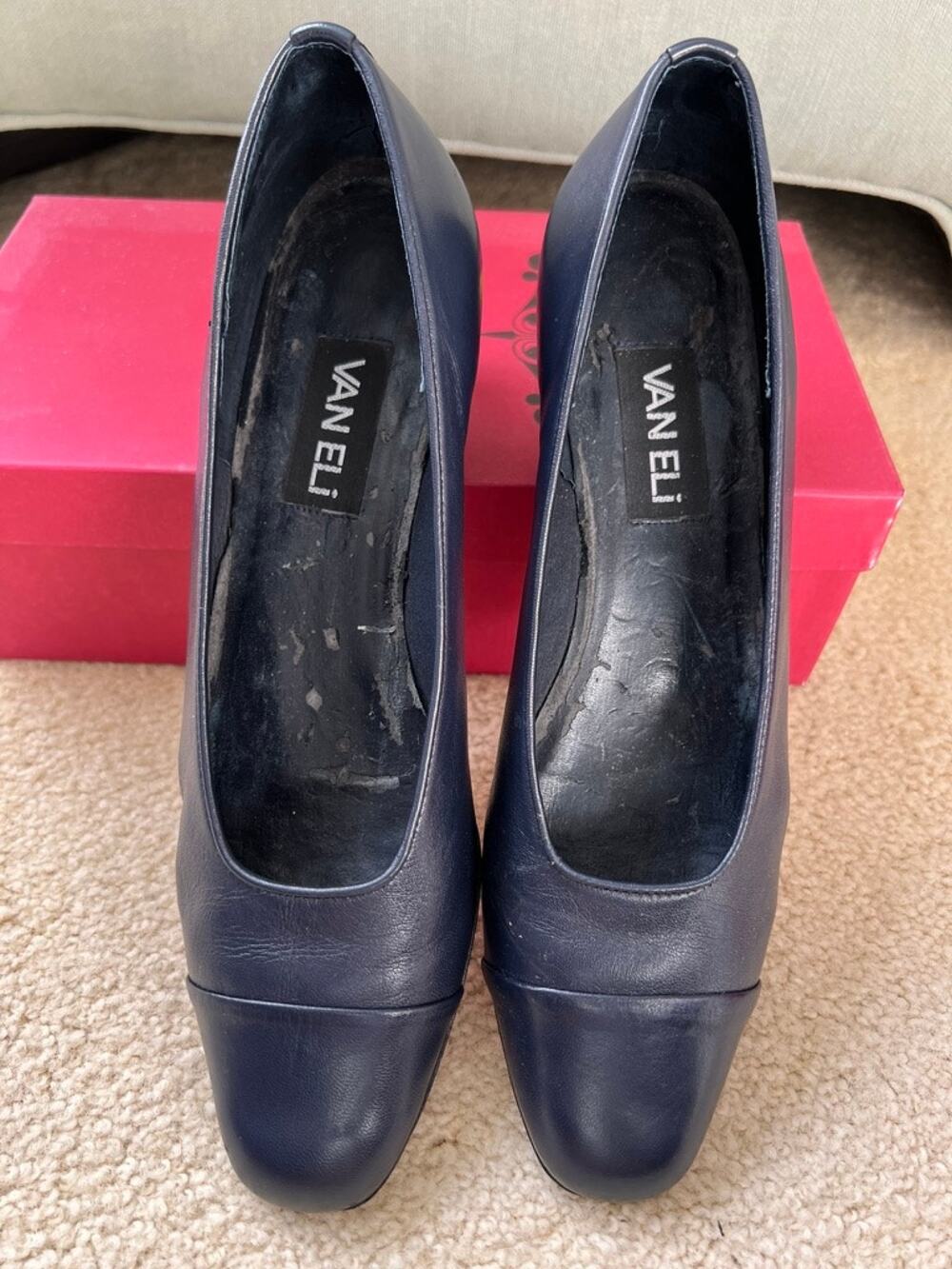 Vaneli Navy Nappa Leather Cap Toe Ballet Flats Classic Slip On Skimmer 9.5 S